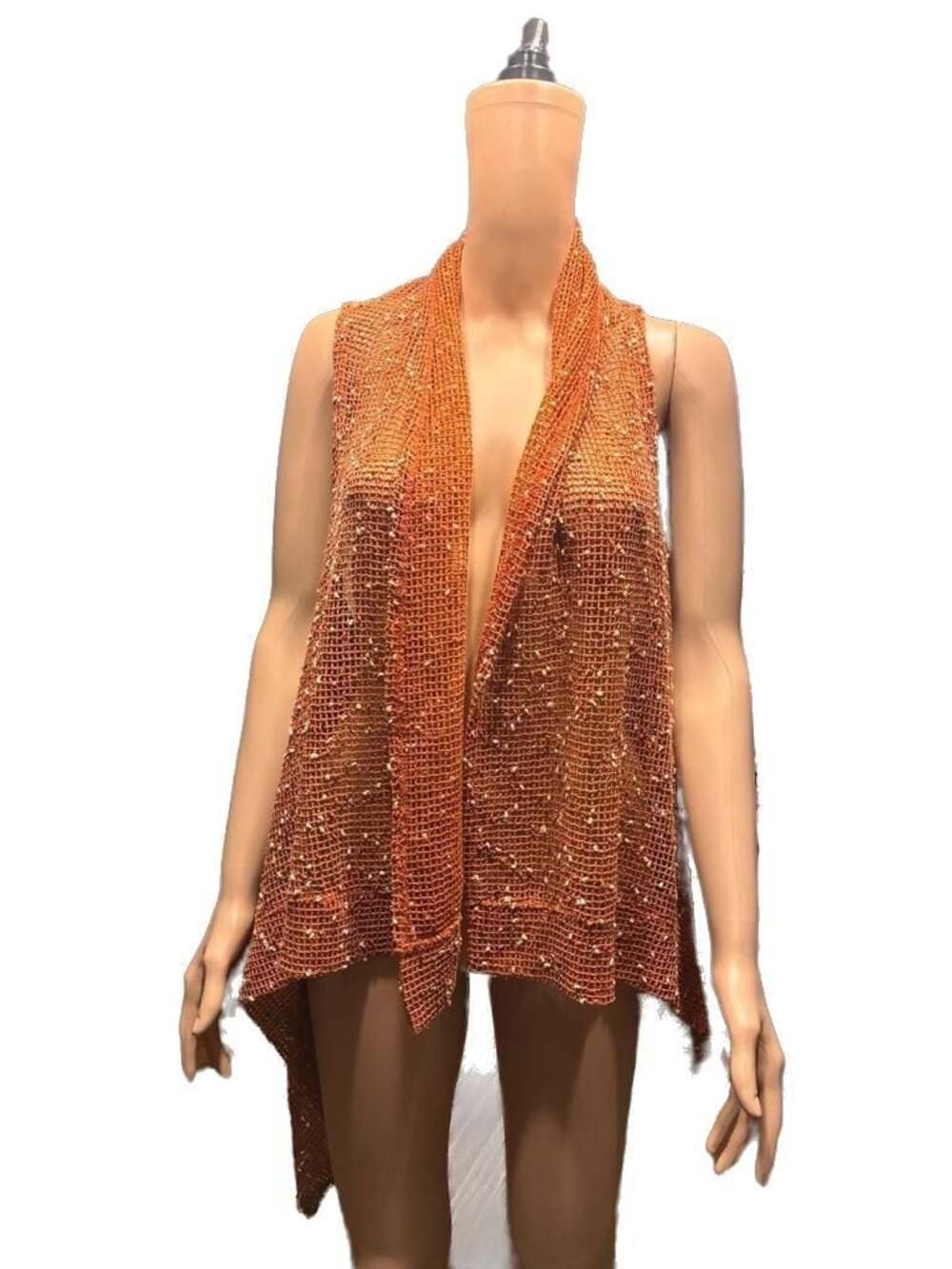 Katie Todd Orange Open Knit Mesh Bead Accented Drape Vest
